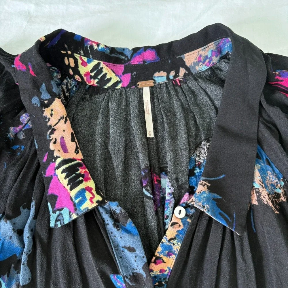 Free People Womens Floral Meadow Lark Blouse Long Sleeve‎ Top Oversized Size XS